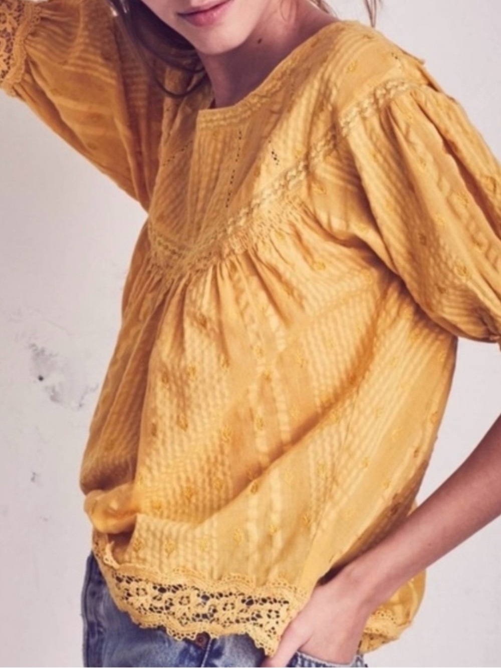 LoveShackFancy Lace Trim Blouse in Mustard